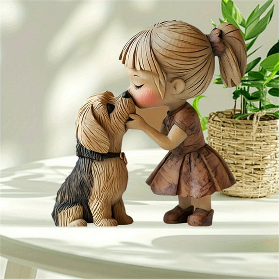 Creative wooden sculptures of girls and dogs, cute animal sculptures, suitable for desktop home decoration gifts
