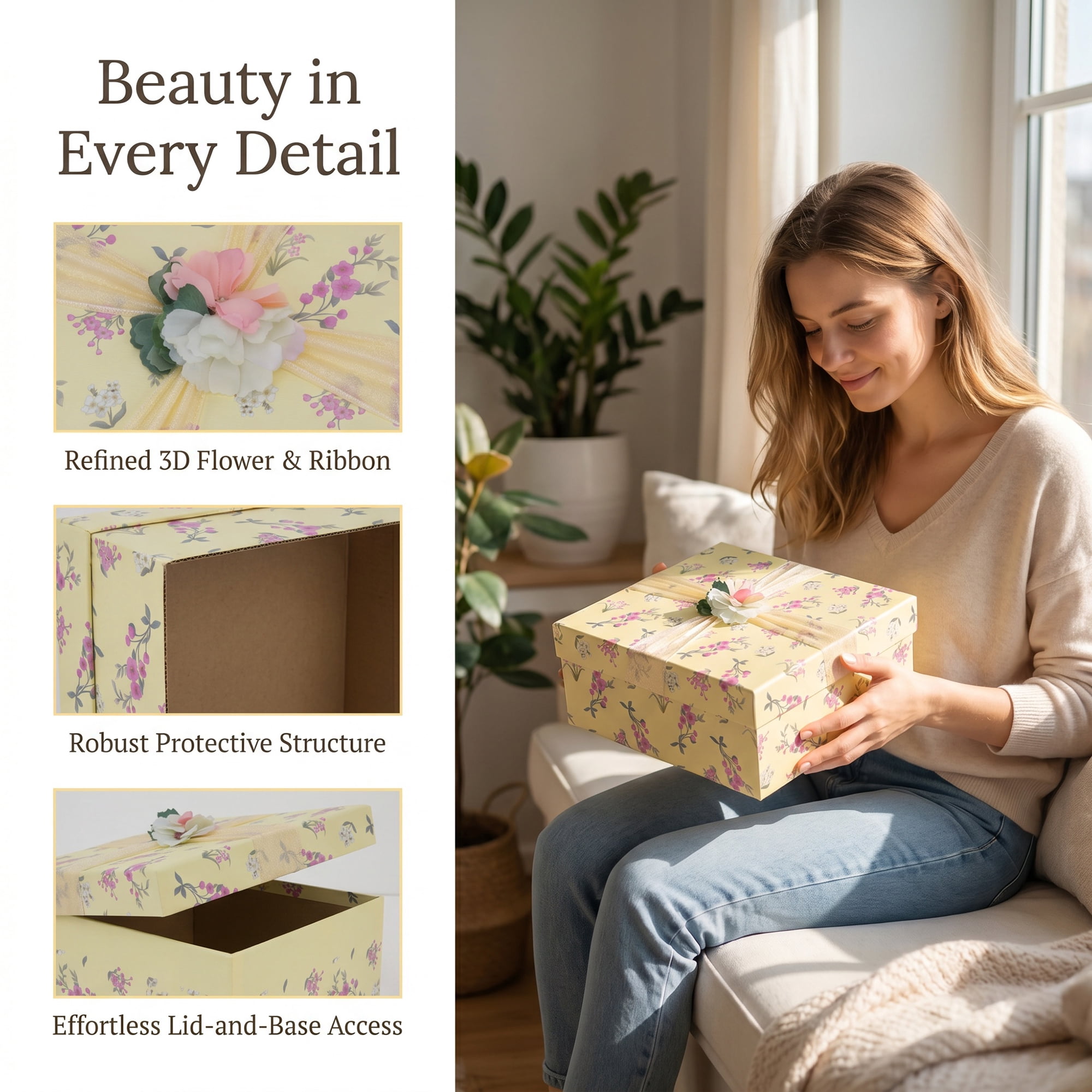 Unique Bargains Elegant Rigid Present Gift Box with Printed Ribbon Yellow 7.5"x7.5"x3.1"