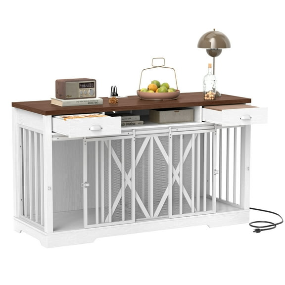 SAEWUD 63" Wooden Double Dog Crate with Power Outlet – Furniture-Style Dog Kennel & TV Stand for Large Dogs, Living Room, Indoor Use-White & Walnut
