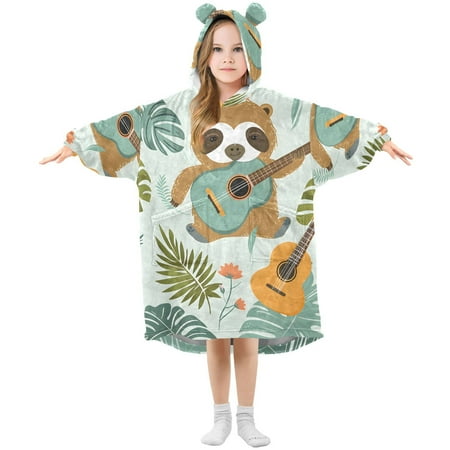 

joogoo Wearable Blanket Hoodie for Kids Sloth Playing Guitar and Leaves Flannel Oversized Sweatshirt 3-14 Years S