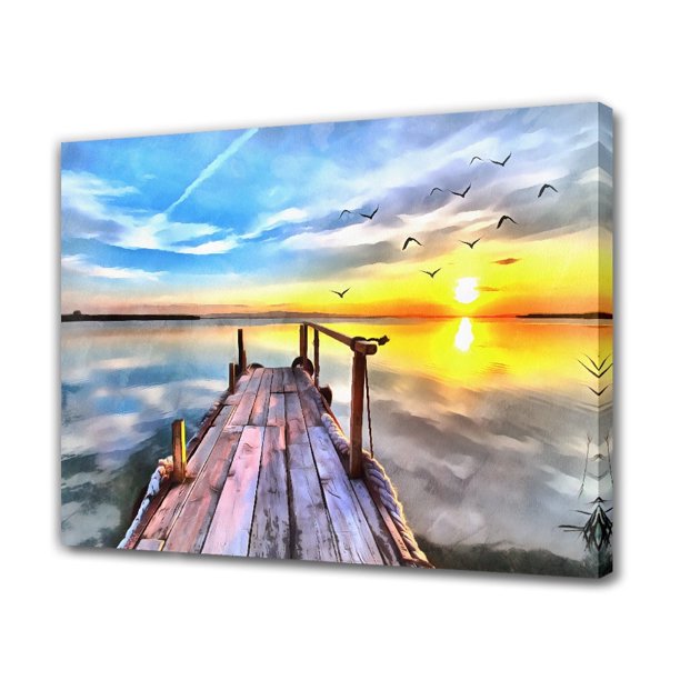 Póster de paisaje de arte de pared con vista al lago al atardecer, pintura decorativa, lienzo, arte de pared, carteles para sala de estar, pintura para dormitorio, estilo marco, 40 x 60 cm