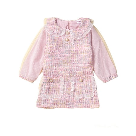 

elfinBE Baby Girl Toddler Solid Lace Pearl Buttons Elegant Dress 9-24M 2-4T