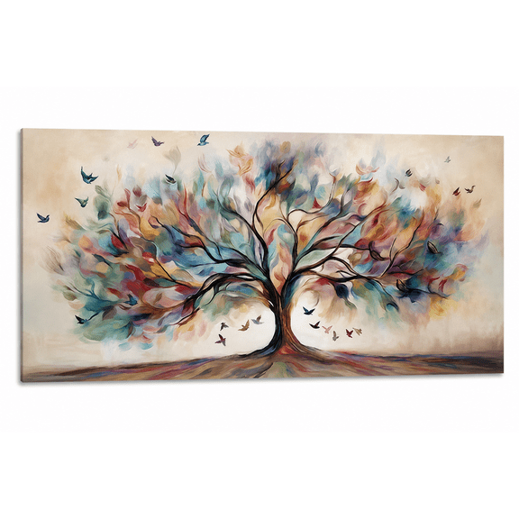 24''x48'' Tree of Life Canvas Wall Art, Abstract Bird and Colorful Leaves Painting, Large Nature Artwork for Living Room Bedroom Office