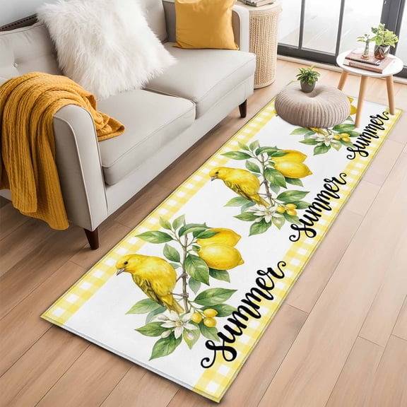 Summer Lemon 2'x6' Runner Rugs for Hallway Kitchen Bedside Non Slip, Farmhouse Fruits Birds Leaves Plants Yellow Plaid Entryway Rug Runners with Rubber Backing, Long Carpet Runner for Laundry Room