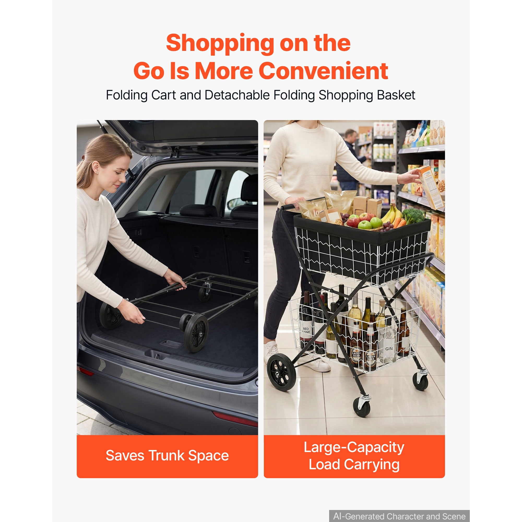 KFFKFF Foldable 2-Tier Shopping Cart with Wheels, 88lbs Capacity, Utility Cart with Detachable Storage Baskets and 360° Swivel Wheels for Groceries, Warehouse, and Supermarket Use