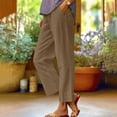 thumbnail image 2 of Yindaity Cropped Linen Pants Women Summer Elastic Waist Straight Leg Plus Size Crop Pants Casual Beach Trousers with Pockets Coffee,XL, 2 of 5