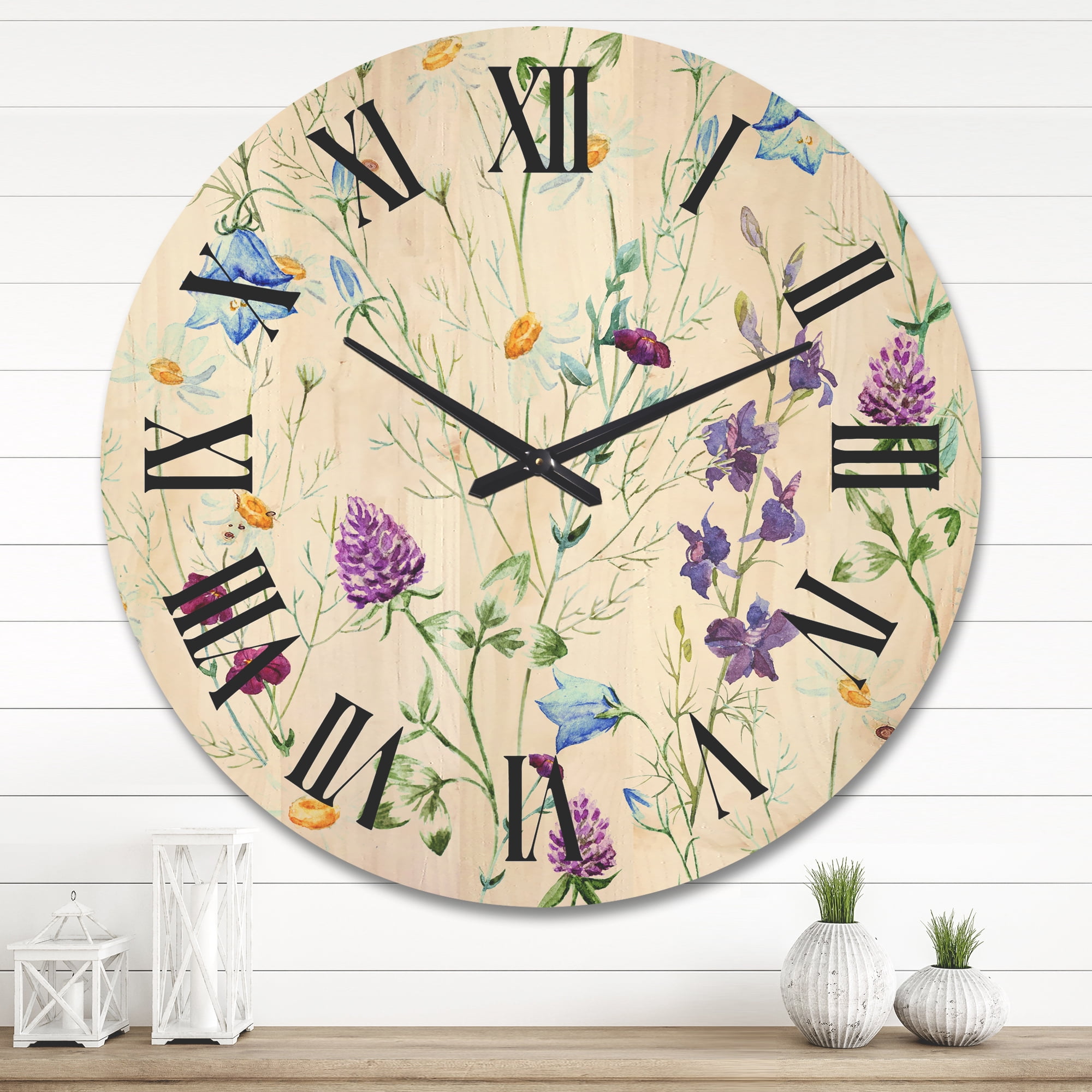 Designart 'Wildflowers Clover Bell and Chamomile I' Traditional Wood Wall Clock