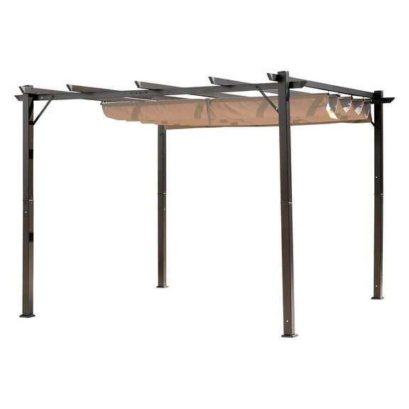 10x10 ft Aluminum Pergola with Retractable Canopy - Outdoor Patio Shade Shelter Brown