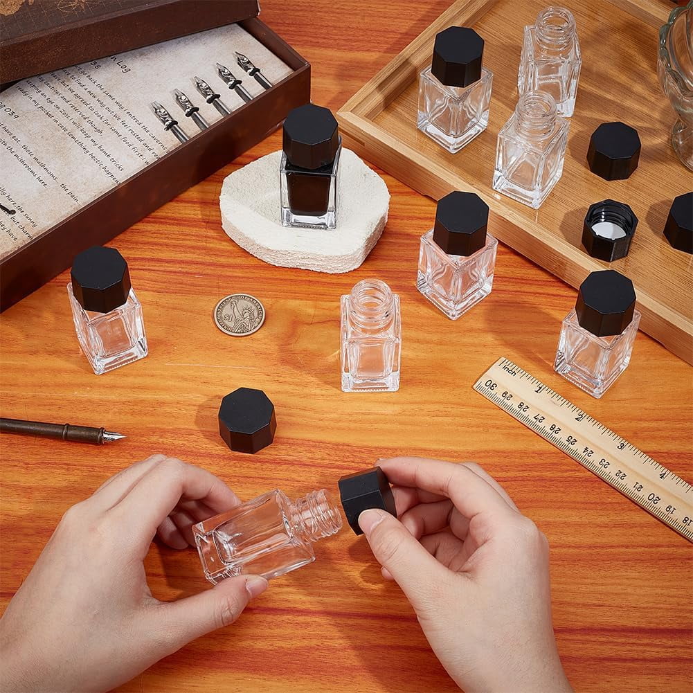 1set 12pcs Glass Fountain Pen Ink Bottle with Plastic Bottle Cap and 4pcs Funnel Hopper & 6pcs Dropper Clear 66x29x29mm Capacity: 18ml(0.61fl. oz)