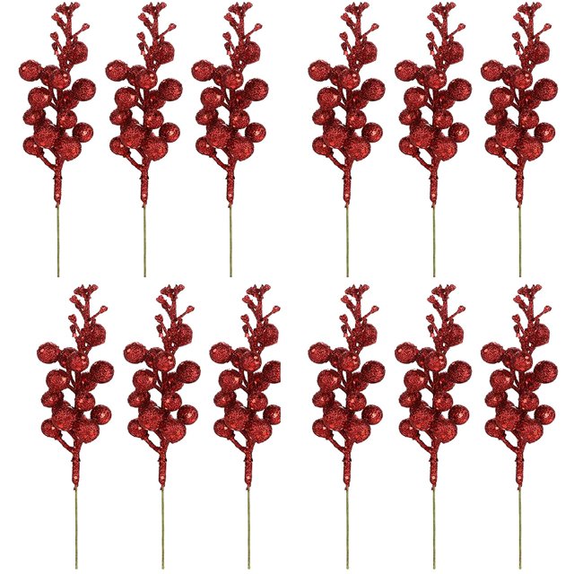 Tallos de bayas con purpurina, 12 piezas de selecciones de bayas de Navidad, ramas de tallo de bayas de frutas artificiales, guirnaldas de árbol de Navidad, decoraciones para fiestas navideñas(rojo) brillar Electrónica