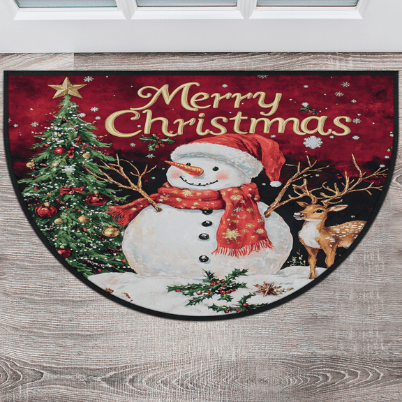 CURLYOOT Christmas Snowman Elk Half Round Door Mat, Indoor Outdoor Entrance Rug, Semi Circular Area Rug, Non Slip Washable Absorbent Doormat, Laundry Room Rug 40'' x 63''