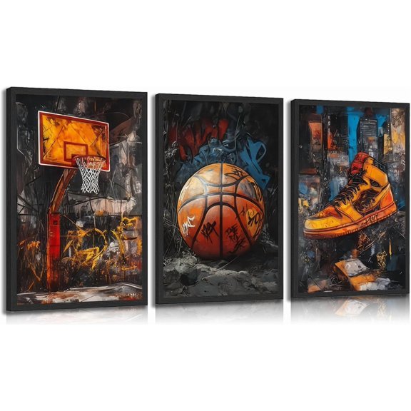 3pcs Basketball Graffiti Canvas Wall Art Retro Abstract Graffiti Teen Wall Decor Pictures Basketball Court Sneakers Posters Prints Paintings for Teen Boys Living Room Bedroom(Only canvas)