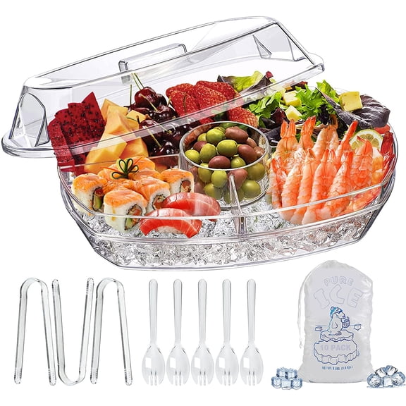 YANGLI 15" Chilled Serving Tray - Clear Plastic Party Platter with 4 Compartments, Ice Serving Bowl with Lid for Shrimp, Fruit, Veggie, Sushi