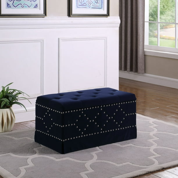 Blue Velvet Tufted Storage Bench 18.5" in Indigo Blue Velvet Chrome Nailhead Studs Tufted Storage Bench