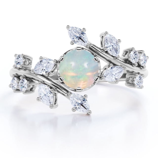 JeenMata Anillo de Compromiso con Ópalo de Fuego Mexicano de 0,75 ct y Moissanita, Engaste de Tensión Estilo Catedral, Chapado en Oro Blanco de 18 K sobre Plata