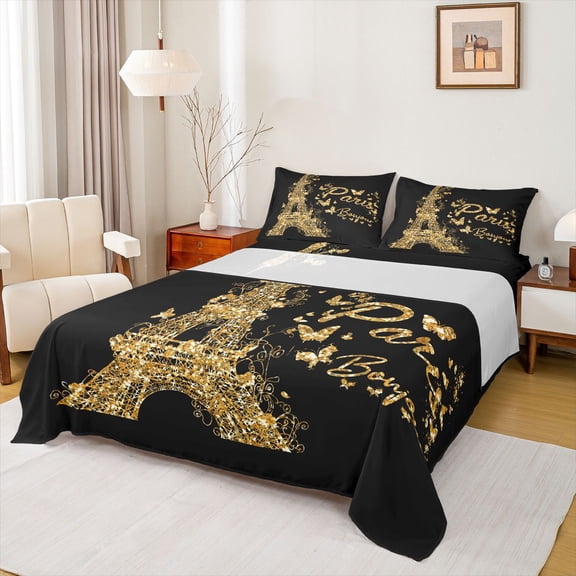 jejeloiu Cute Butterflies Twin Sheet Sets,Gold Eiffel Tower Bedding For Adults 3pcs