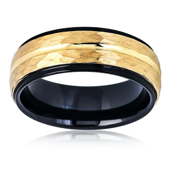 Free Engraving Men Women Personalized Inside Engraving Tungsten Carbide Wedding Band Ring 8mm Black Hammered Yellow Tone