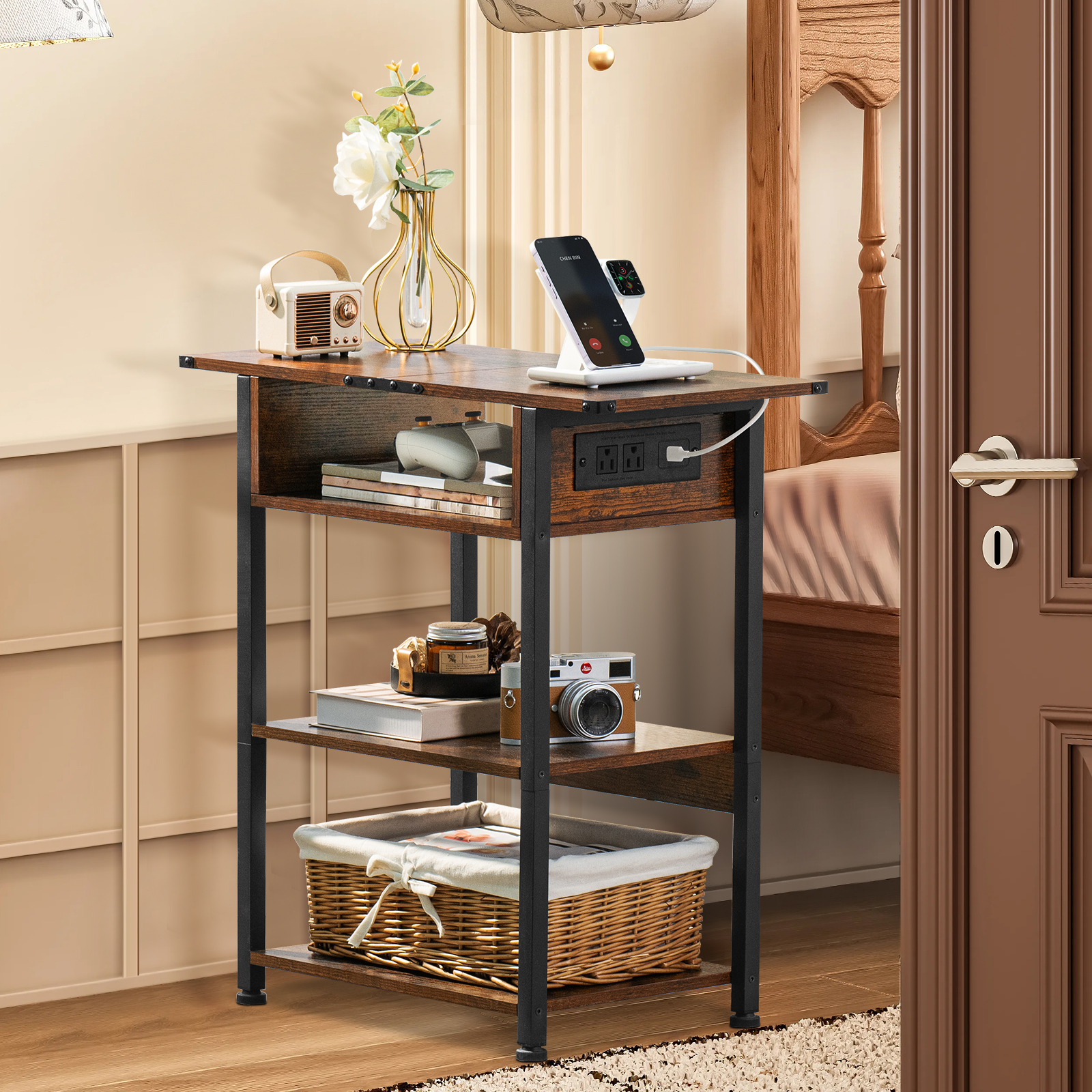 Narrow End Table with Charging Connection, 3 Tier Slim Side Table with Storage Shelf for Small Spaces, Maple End Tables Small Nightstand Magazine Rack for Bedoom