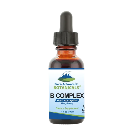 Pure Mountain Botanicals Liquid Vitamin B Complex - B12 B6 Drops - Raspberry Flavor - Kosher Non-GMO - 30 Servings
