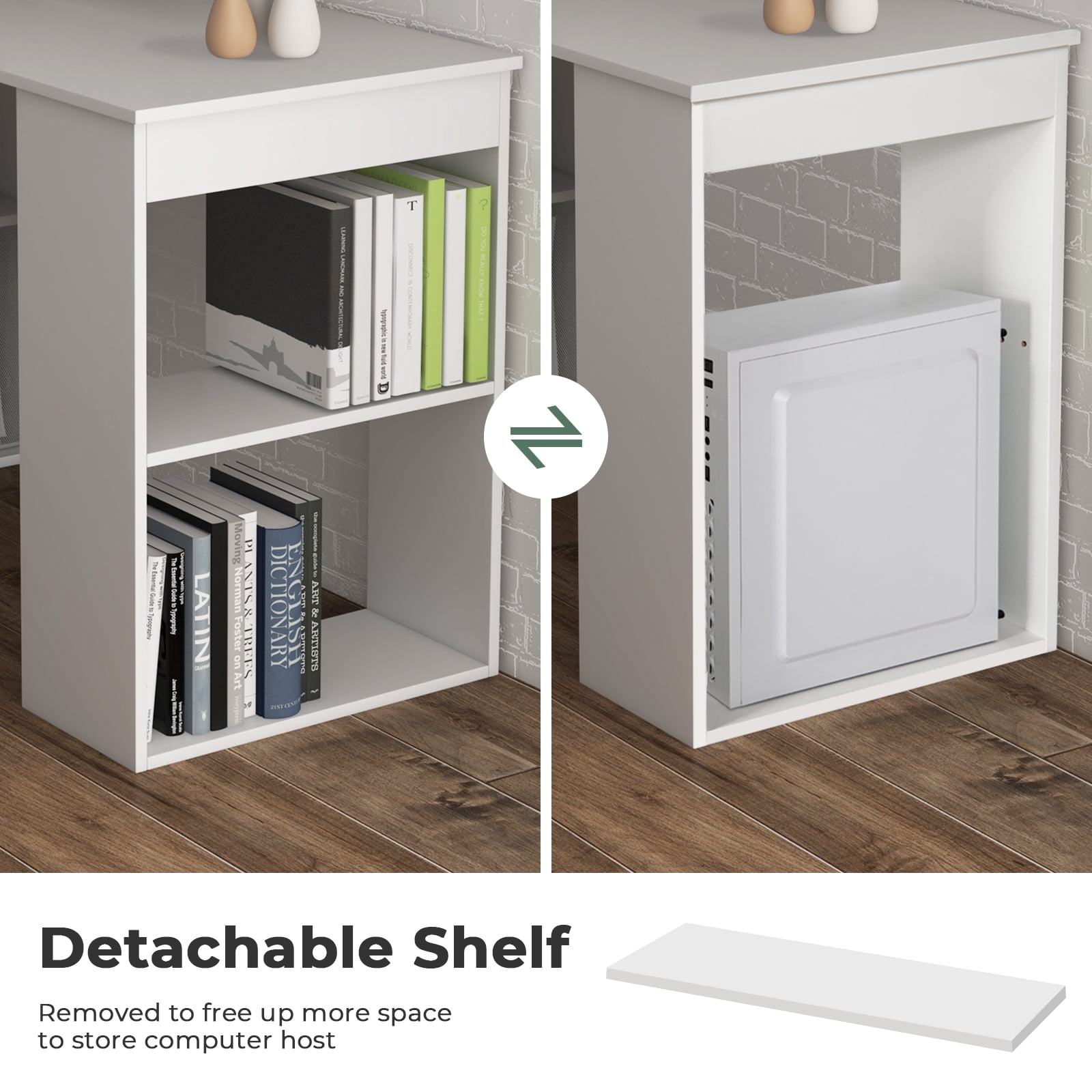 Topbuy 48 Inch Computer Desk with Bookshelf 3-in-1 Home office Desk with 4-Tier Bookcase & CPU Stand Space-saving Reversible Writing Desk White