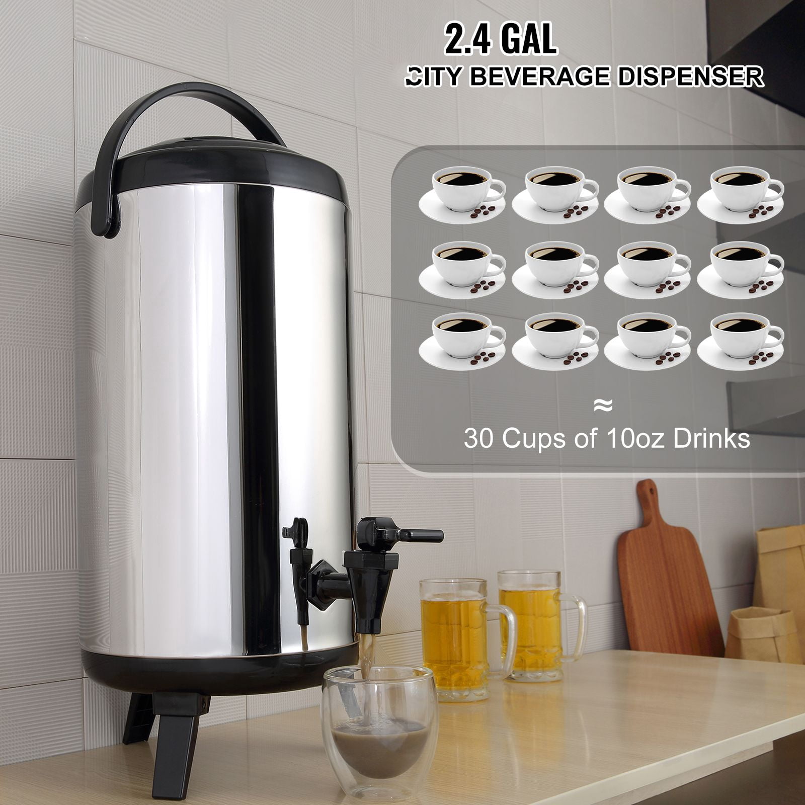 2.4 Gallon Insulated Beverage Dispenser with 304 Stainless Steel Interior, 0.87" PU Foam, 4-6Hr Insulation, Drip-Free Spigot for Cafes