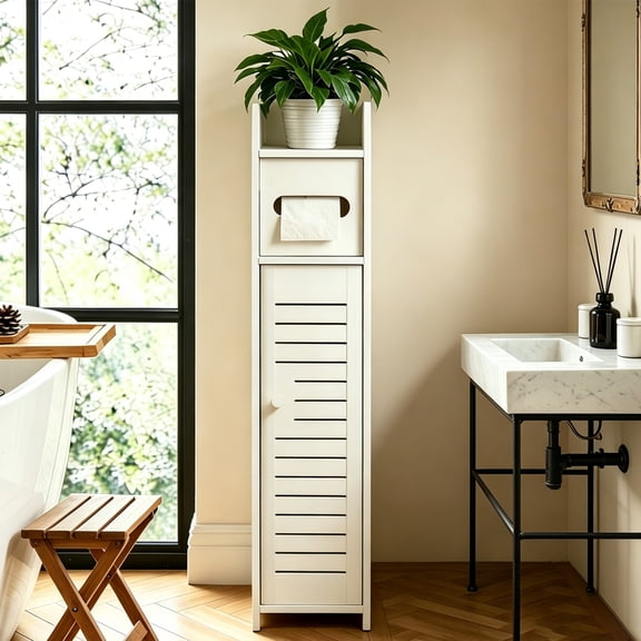 Narrow Bathroom Storage Cabinet with Toilet Paper Holder, Freestanding Slim Bathroom Floor Cabinet with Doors and Shelves, Small Storage Cabinet Organizer for Small Spaces