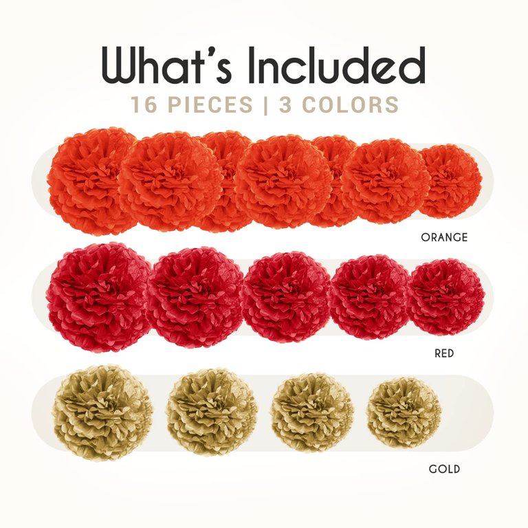 Epiqueone 16 Piece Paper Pom Poms Party Kit - Red Orange Gold