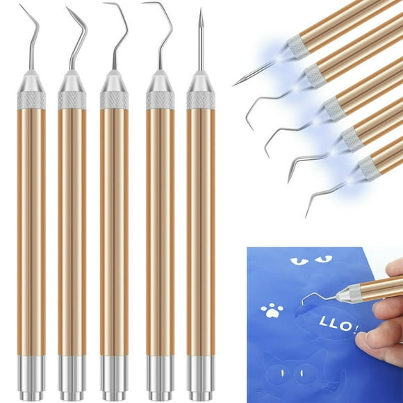 HLONK 5 Pcs Weeding Tools Set Vinyl with LED Light Set Led Pen Lighted Weeding Hook Tweezers for Cutting Removing Machines Crafting Accessories Paper Iron on Projects