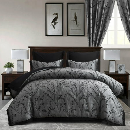 HIG Burgundy Jacquard Patchwork Comforter Set with Matching Curtains, Bed in a Bag Queen