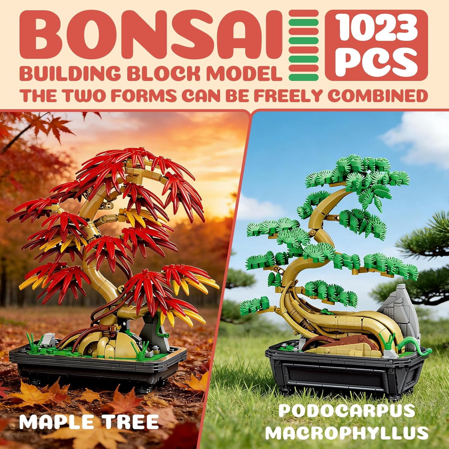 2-in-1 Bonsai Tree Building Set 1023 Pcs Red Maple & Pine Plant Model Kit  Botanical Garden Collection Zen Home Decor