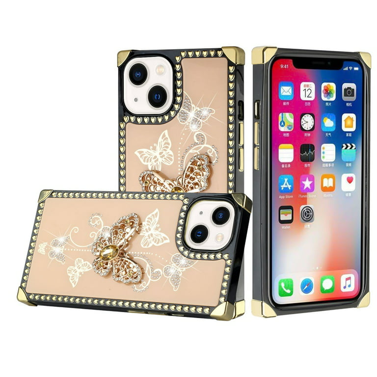 Xpression Mobile for Apple iPhone 11 (6.1 inch) Black Gold Fashion Square Hearts Design Diamonds Bling Sparkly Glitter with Ring Stand Cover ,Xpm Phone Case [ Love ]