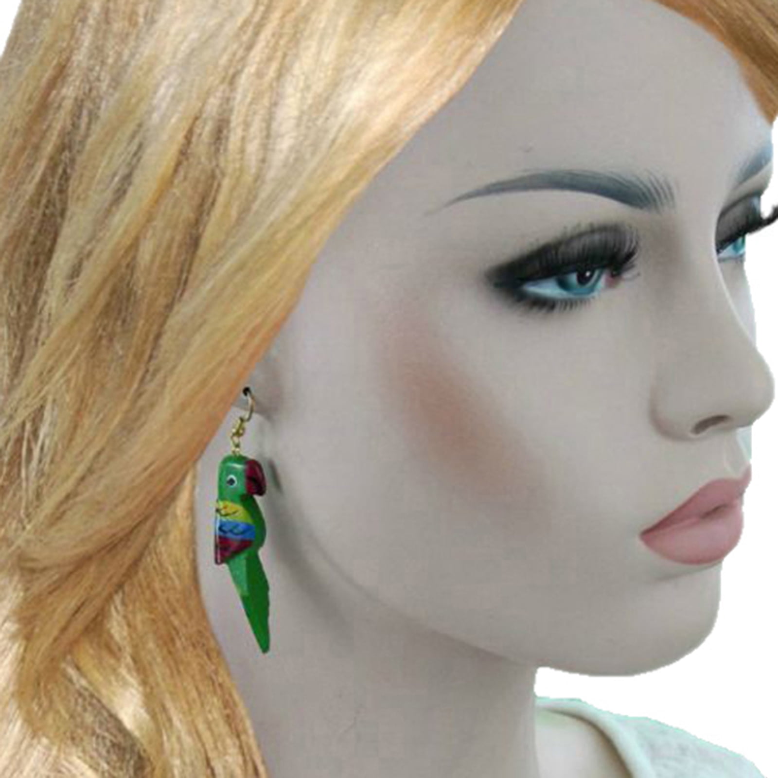 Parrot Head Wood Green Dangle Pierced Earrings Handmade 2 7/8" Ladies