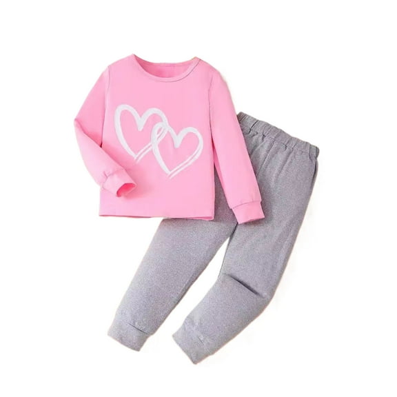 fatyb Kids Girls 2 Piece Outfits Toddler Heart Printed Long Sleeve Tops Trousers Casual Kids Clothes Set