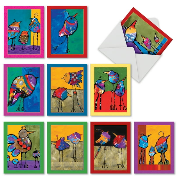 10 Boxed Blank Cards with Envelopes (4 x 5.12 Inch) Colorful Birds