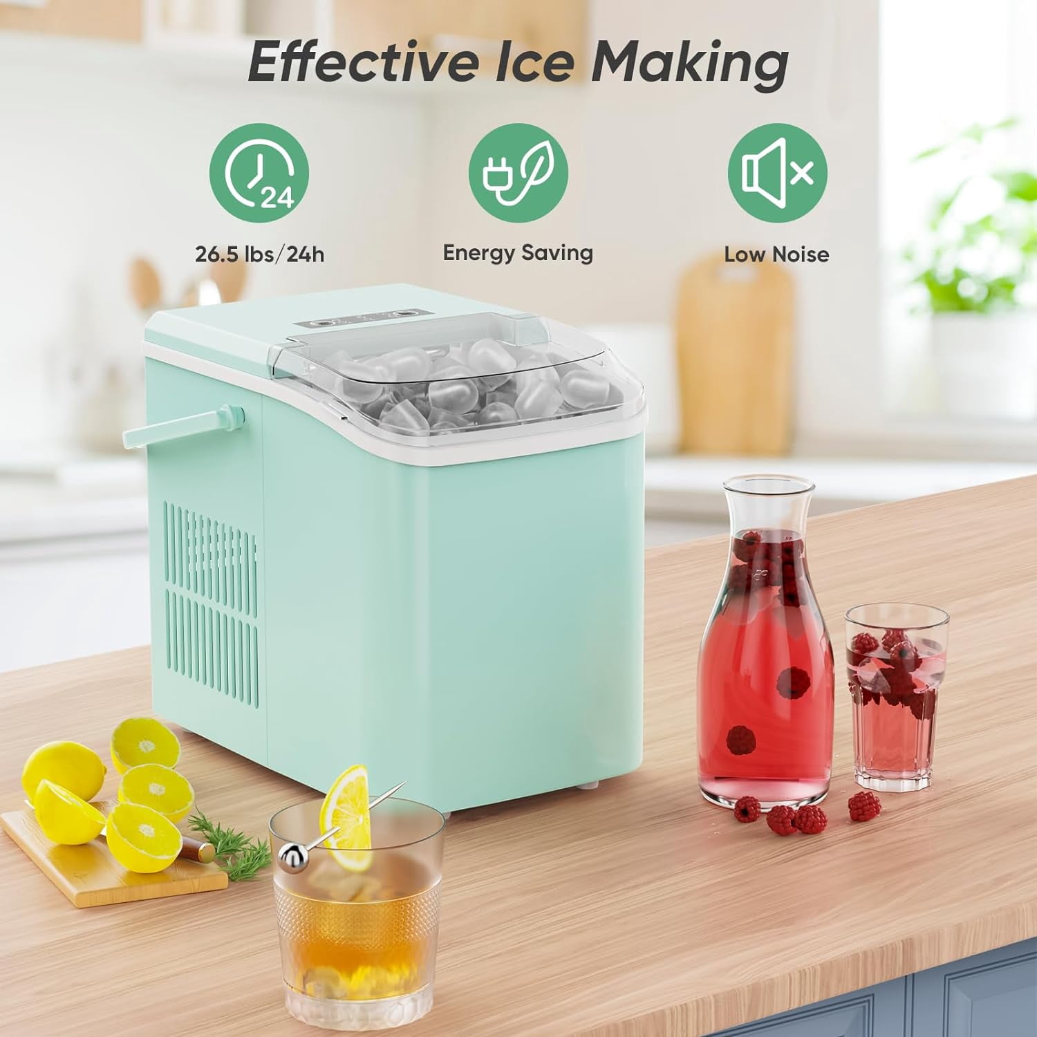 Portable Ice Maker with Handle, 26lbs/24H Compact Ice Machine, 9 Bullet Ice Cubes Ready in 6 Minutes, Self-Cleaning, Quiet for Home Kitchen RV Camping, Pink