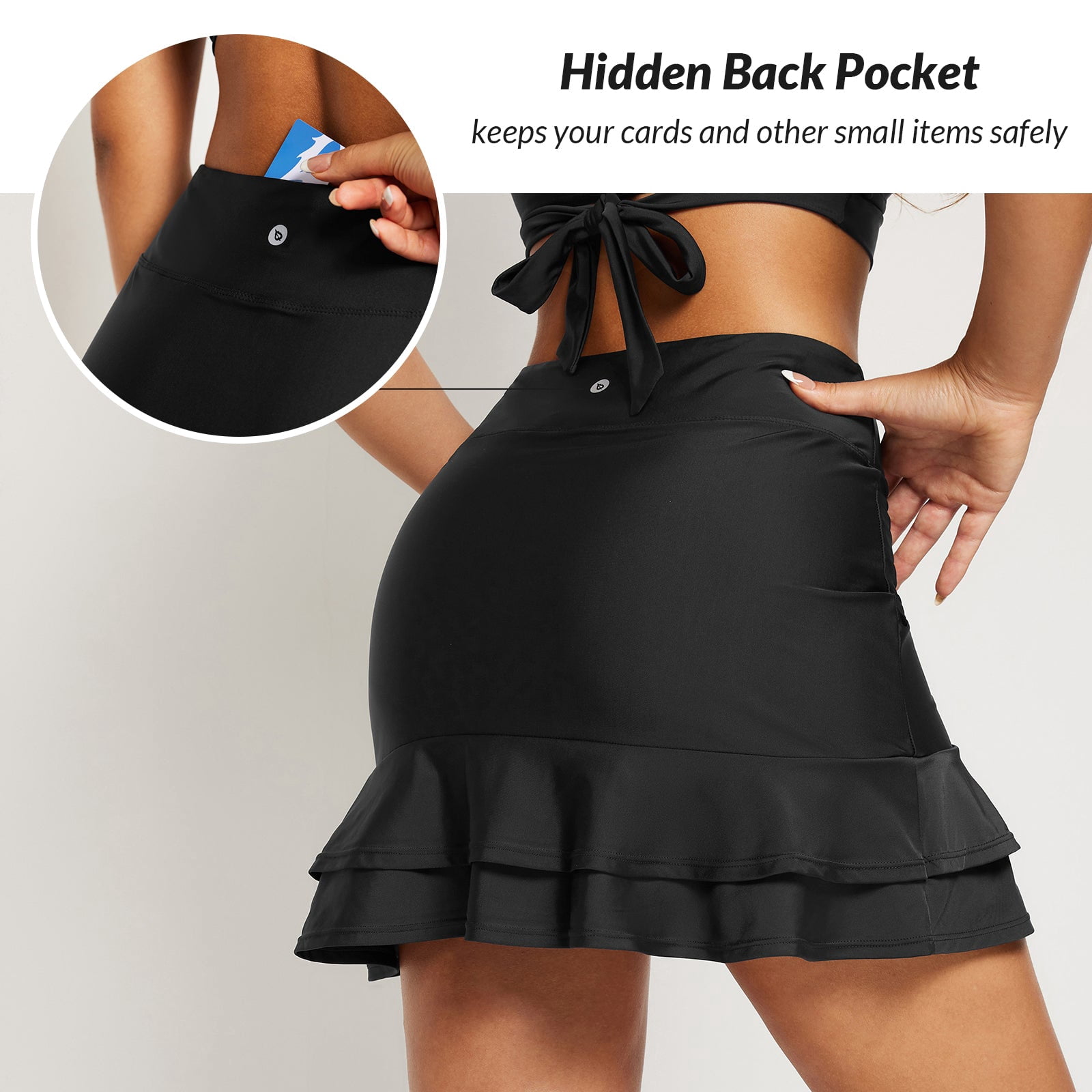 BALEAF High Waisted Swim Skirt Bottoms Women Tummy Control Ruched Drawstring Bathing Suit Swimsuit Skort Skirt with Pocket Black M