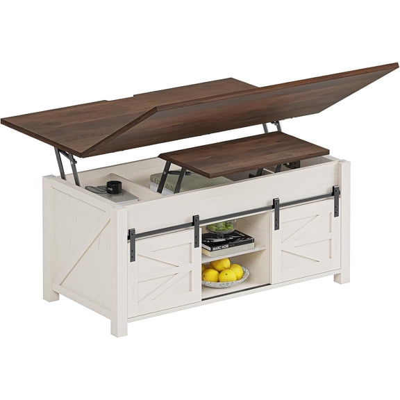 Lift Top Coffee Table for Living Room with 4 Sliding Barn Doors, 4 in 1 Farmhouse Coffee Table with Adjustable Shelves and Hidden Storage Compartment, Converts to Dining Table (Brown White)