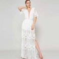 thumbnail image 3 of Women Flare Short Sleeve Sexy Deep V-Neck Maxi Long Dress Double Layer Embroidery Floral Lace Side Split Party Gown, 3 of 11