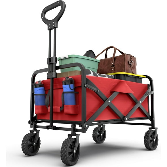 QRInnovations Collapsible Foldable Heavy Duty Utility Wagon Cart with Larger Capacity - Perfect for Shopping, Sports Events, Grocery, Moving, Camping, Laundry, Beach - Red