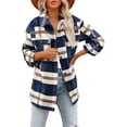 thumbnail image 3 of Women'S Flannel Plaid Shacket Fall Outfits Long Sleeve Button Down Shirts Jacket Coats with Side Pockets Navy Blue M, 3 of 7