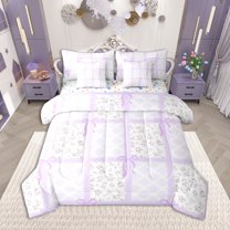 Homewish Girls Floral Flower Bedding Comforter Set 7-Piece, Purple Checkered King Bedding Sets, Cute Bow Knot Bed Sheets, Microfiber Bedroom Decor