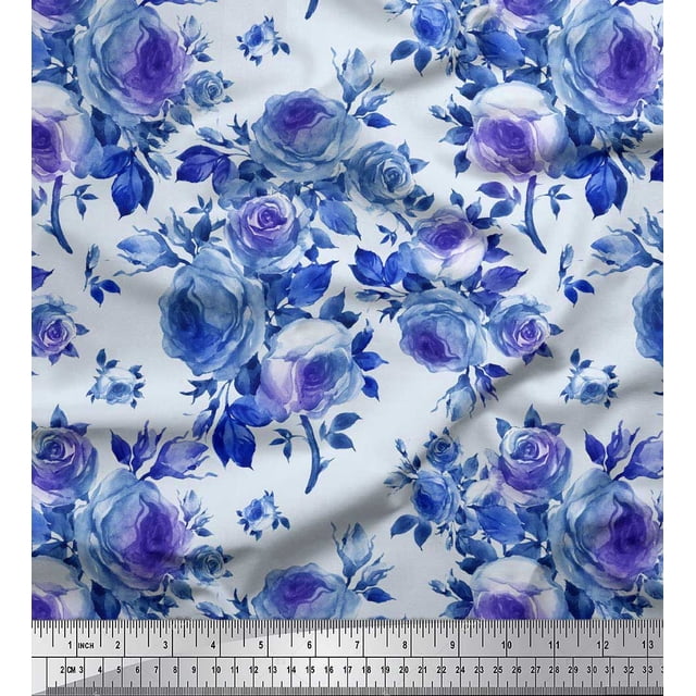 Soimoi Modal Satin Fabric Leaves & Rose Flower Decor Fabric Printed Yard 42 Inch Wide