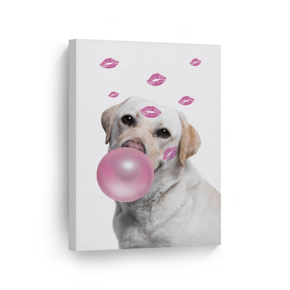 Smile Art Design Portrait of Labrador Retriever Dog Chewing Pink Bubble Gum Canvas Wall Art Print Pet Dog Lover Gift Animal Pop Art Office Living Room Bedroom Kids Baby Nursery Room Decor - 22x15