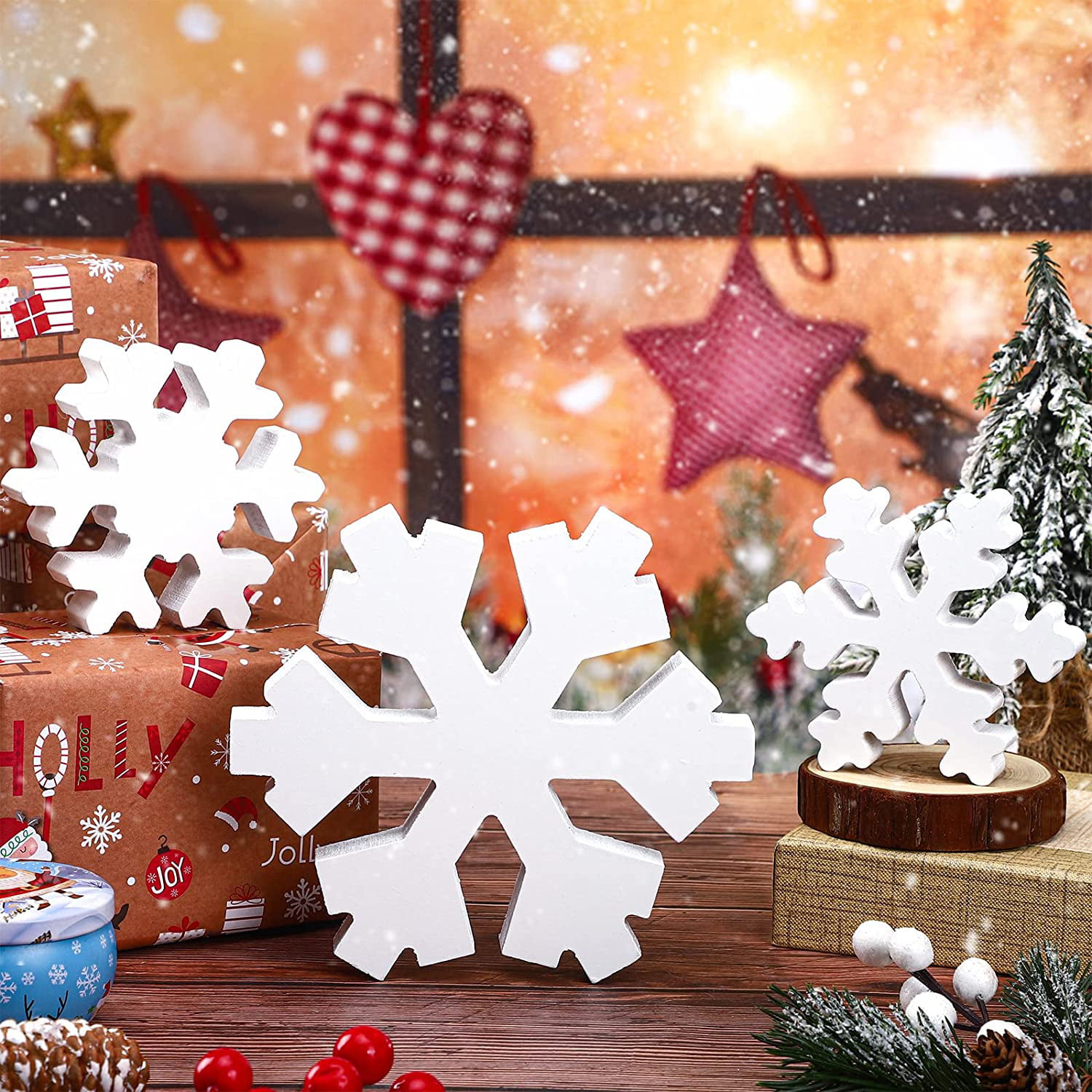 Wooden Snowflakes Decor Wood Snowflakes For Crafts 15 Piece Winter Wood  Snowflake Block Snowflake Tiered Tray Decor Wooden