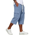 thumbnail image 5 of Nestiefly Long Cargo Shorts for Men Below Knee Waffle Drawstring Capris Pants Elastic Waist Lightweight Summer Resort Wear Blue XL, 5 of 8