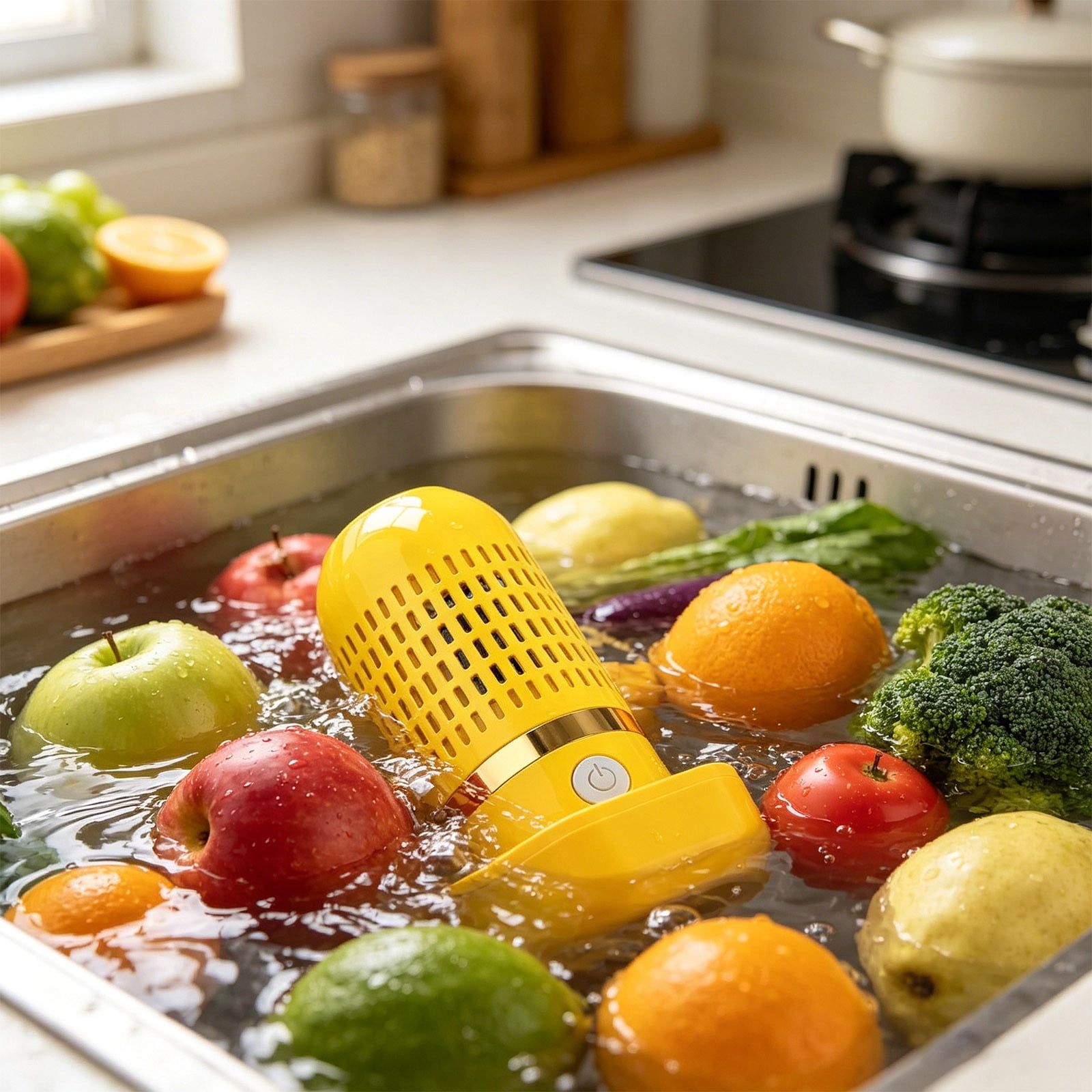Fruit and Vegetable Washing Machine Pure Pod Produce Cleaner, Food Purifier for Deep Cleaning Surface Residues, Waterproof Cordless Device for Berries & Meat Yellow