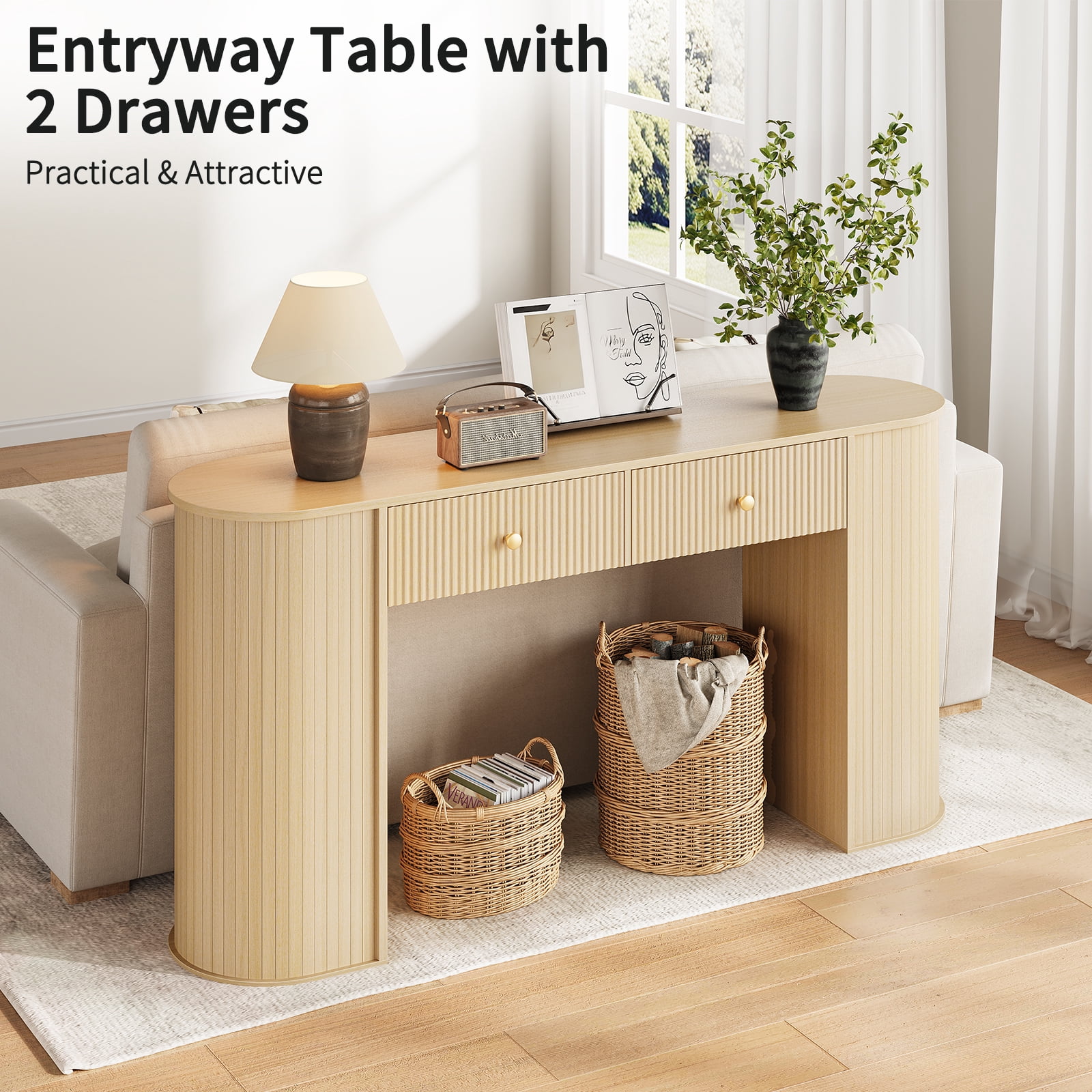 59" Fluted Console Table with Drawers, Wood Entryway Table with Storage, Long Sofa Table Behind Couch for Hallway, Mid Century Modern, Natural