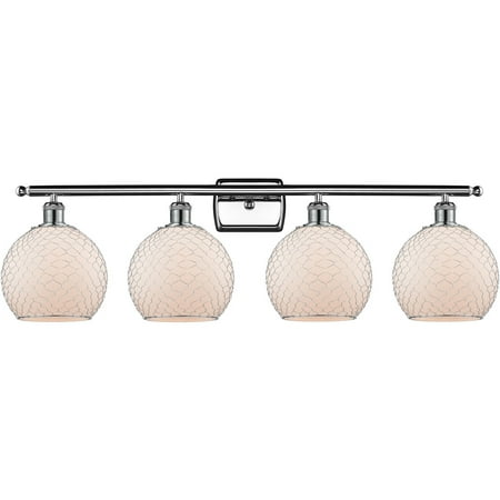 

Polished Chrome Tone Bathroom Vanity 36 Wide White with Nickel Chicken Wire Glass Steel/Cast Brass Medium Base 4 Light Fixture