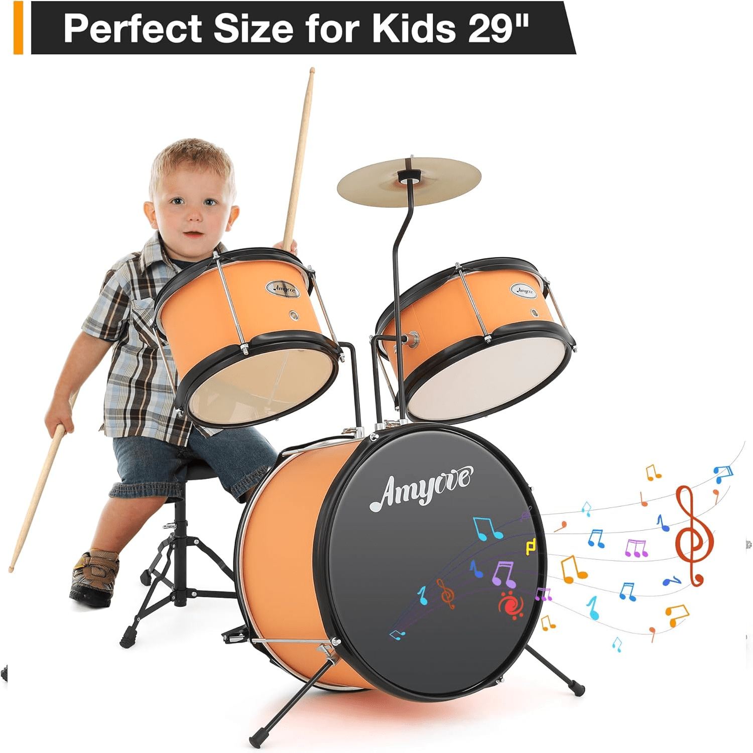 Drum Set for Kids Beginner Set with Bass, 2 Toms, Cymbal, Sticks, Bass Pedal and Stool Percussion Musical Instrument Birthday Playsetl