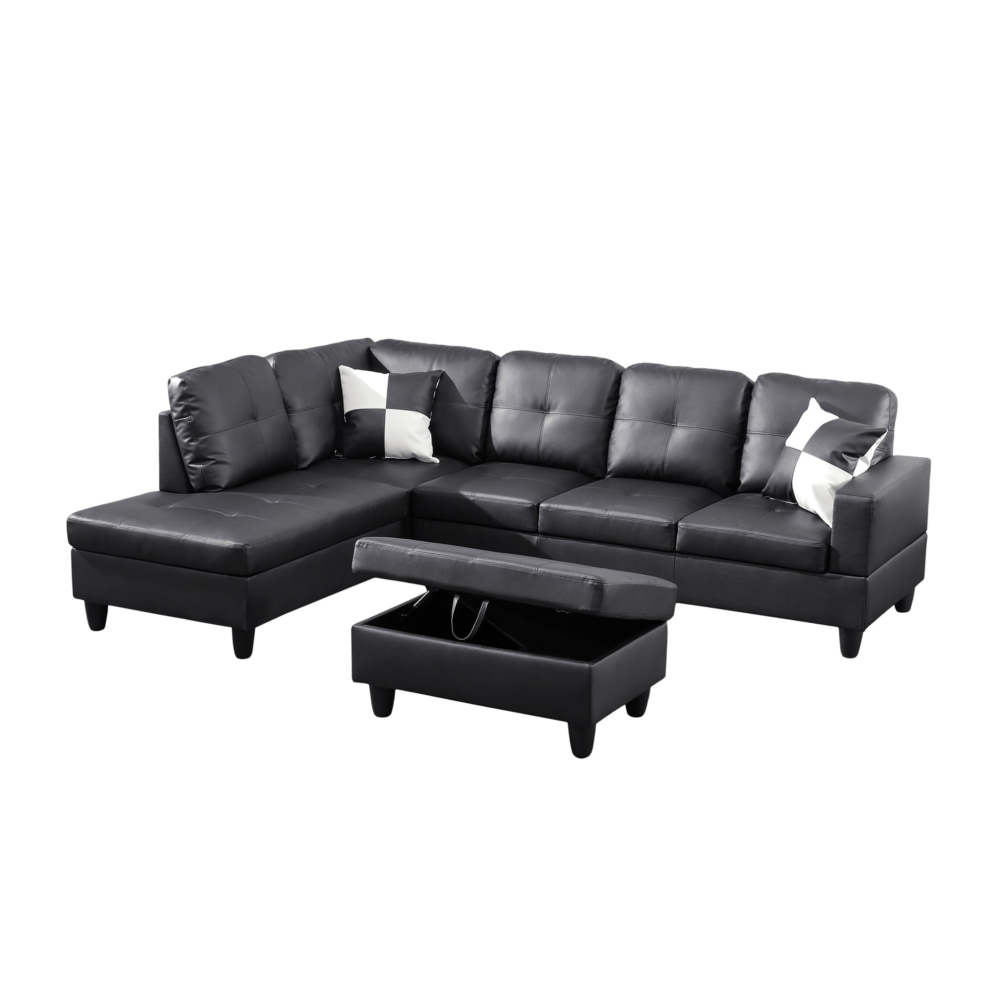 MAYEERTY 103.5" Modular Sofa, 3-Piece Sectional Couches for Living Room, Faux Leather Sofa Set with Ottoman, Black(Left)